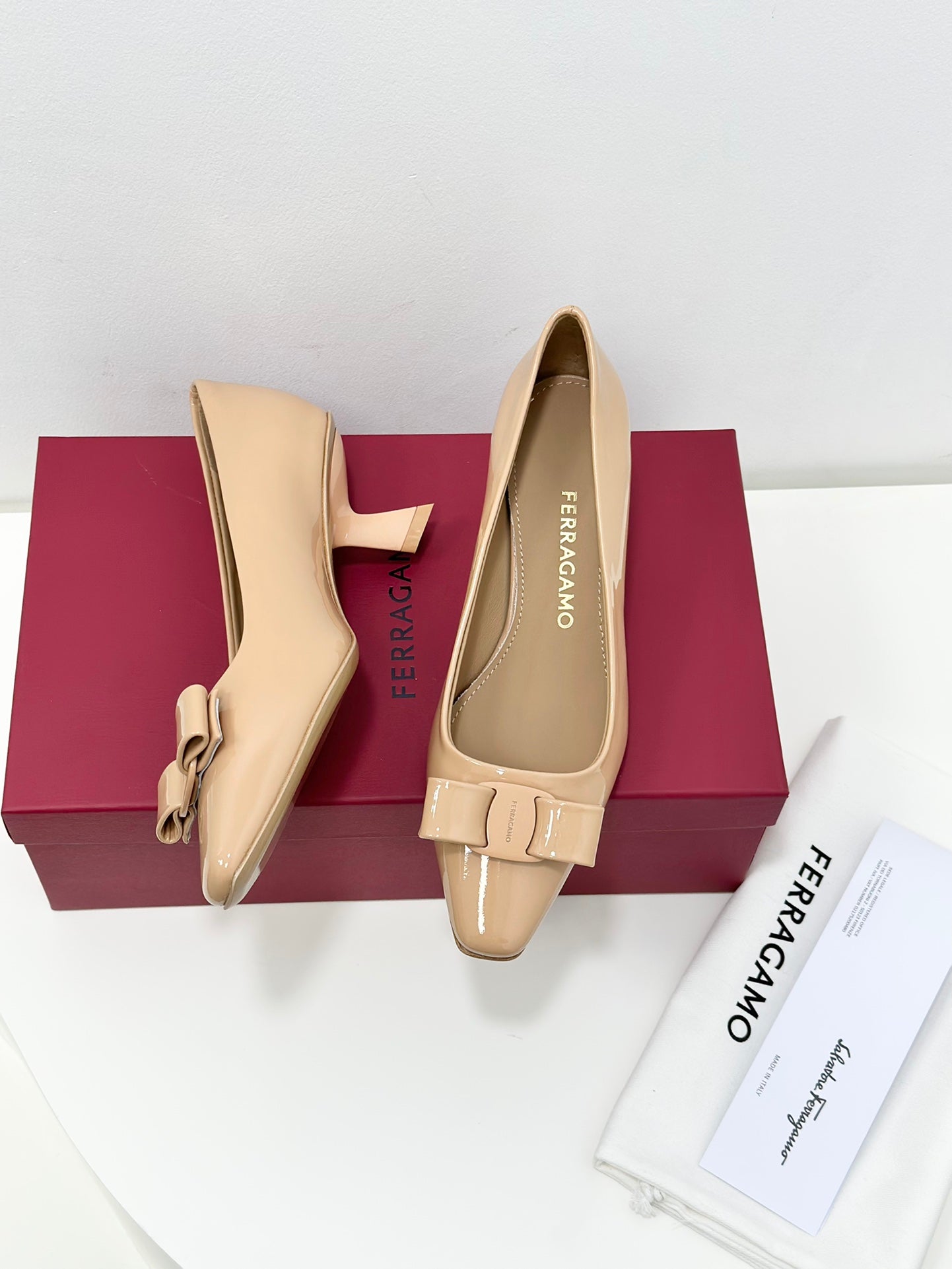 Ferragamo Vara Patent Leather Square Toe Pumps
