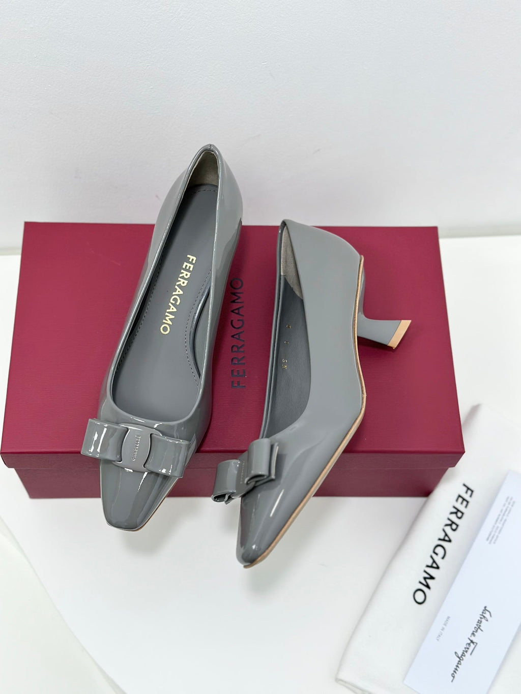 Ferragamo Vara Patent Leather Square Toe Pumps