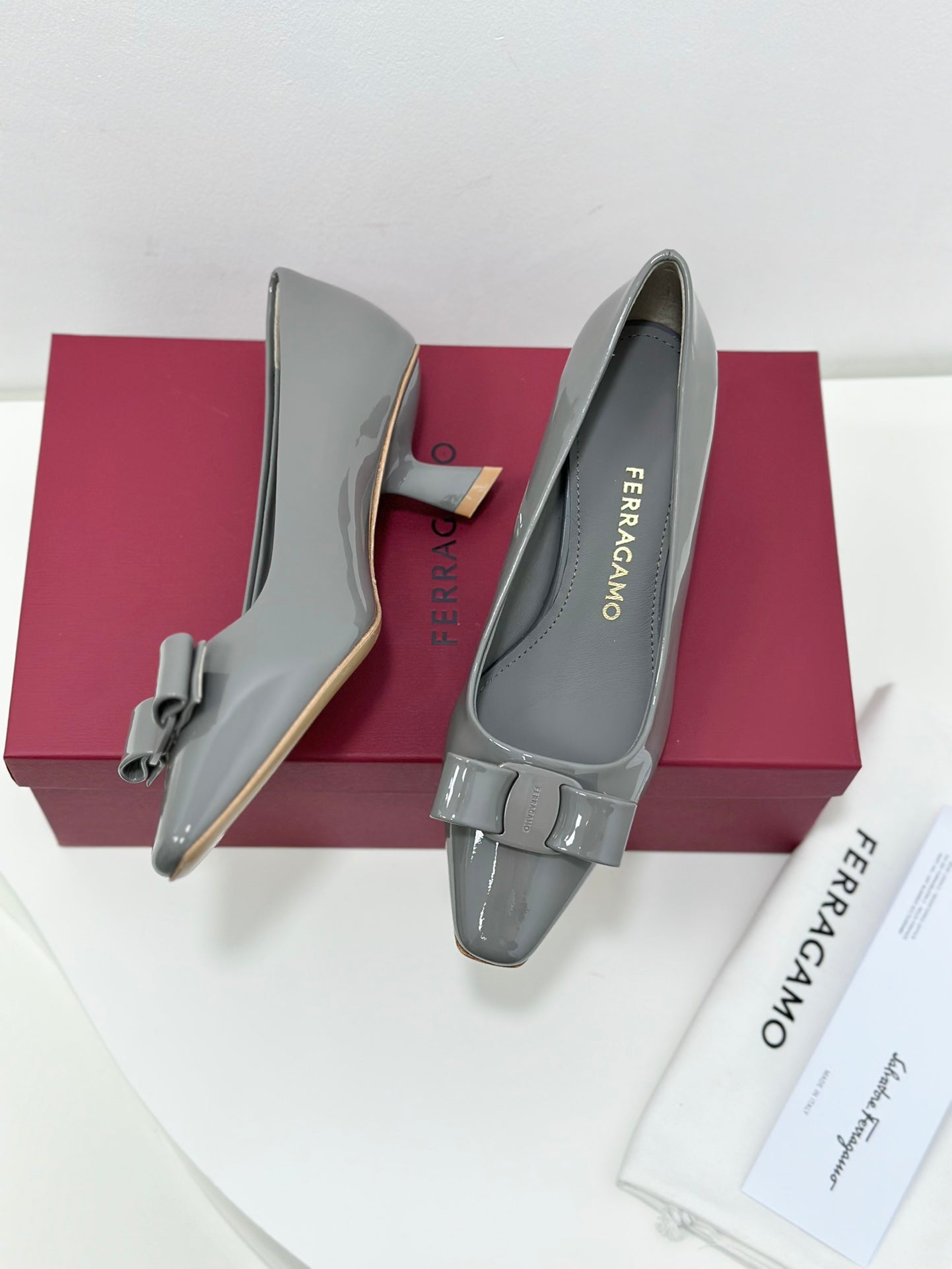 Ferragamo Vara Patent Leather Square Toe Pumps