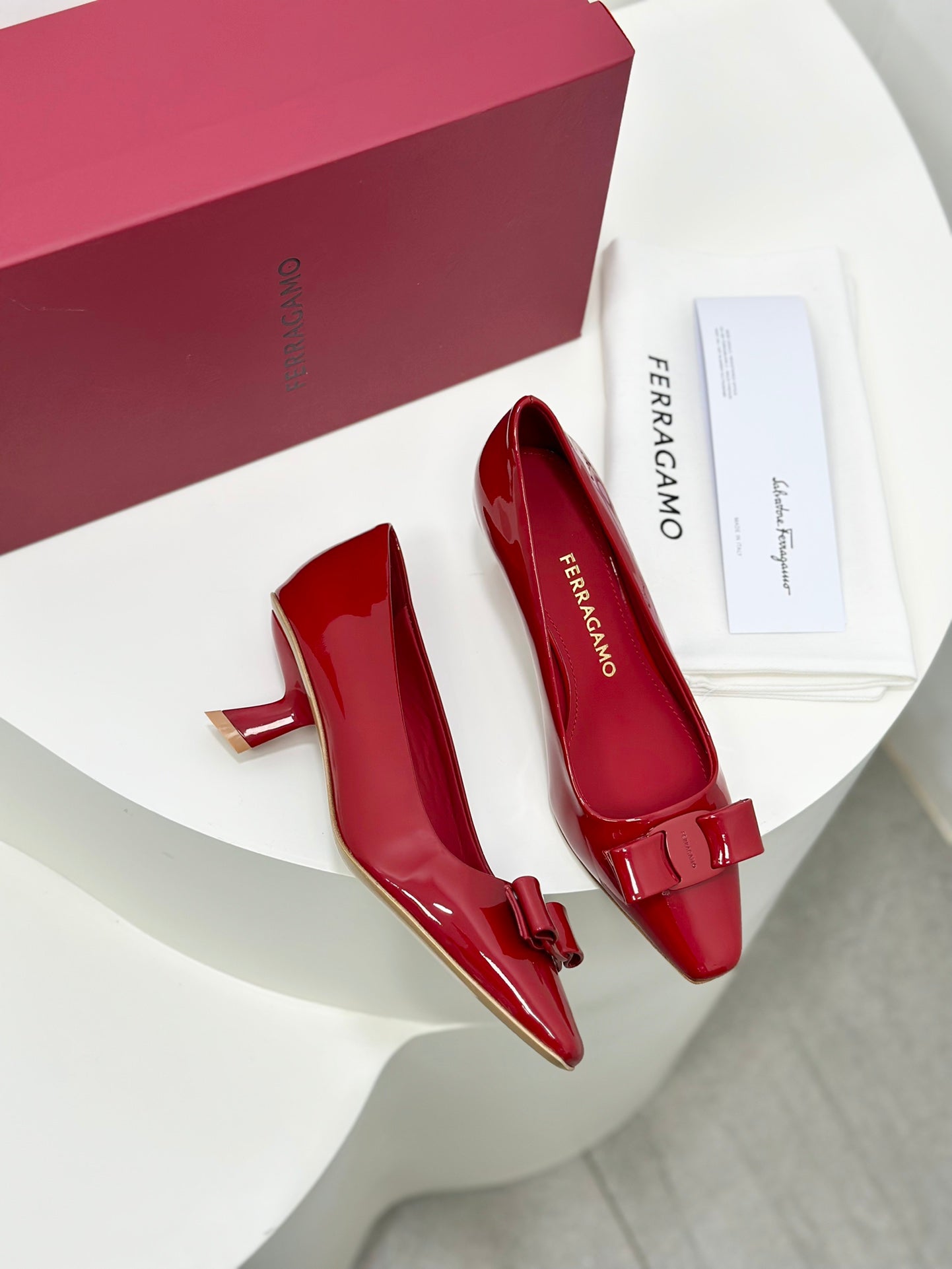 Ferragamo Vara Patent Leather Square Toe Pumps