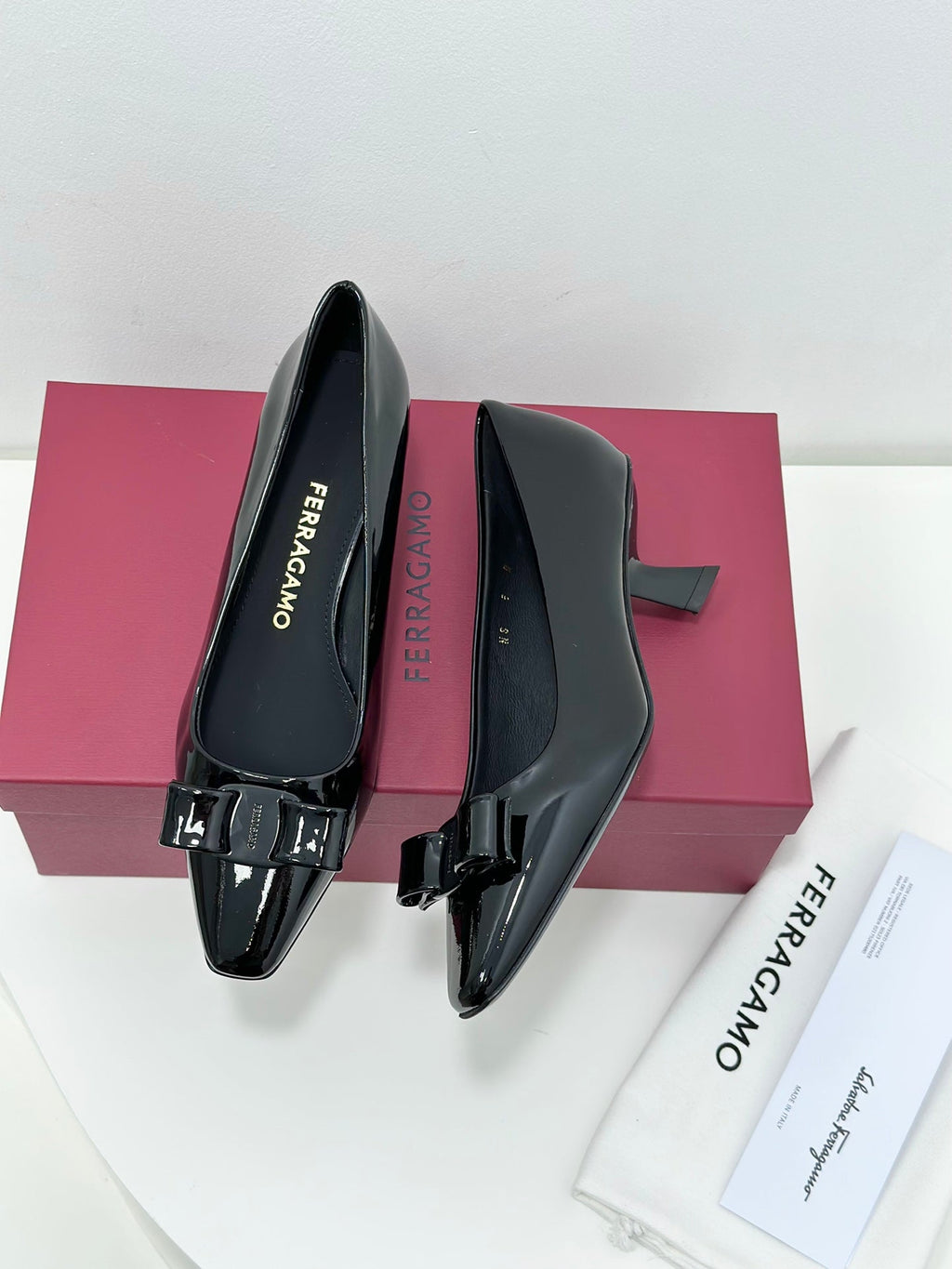 Ferragamo Vara Patent Leather Square Toe Pumps