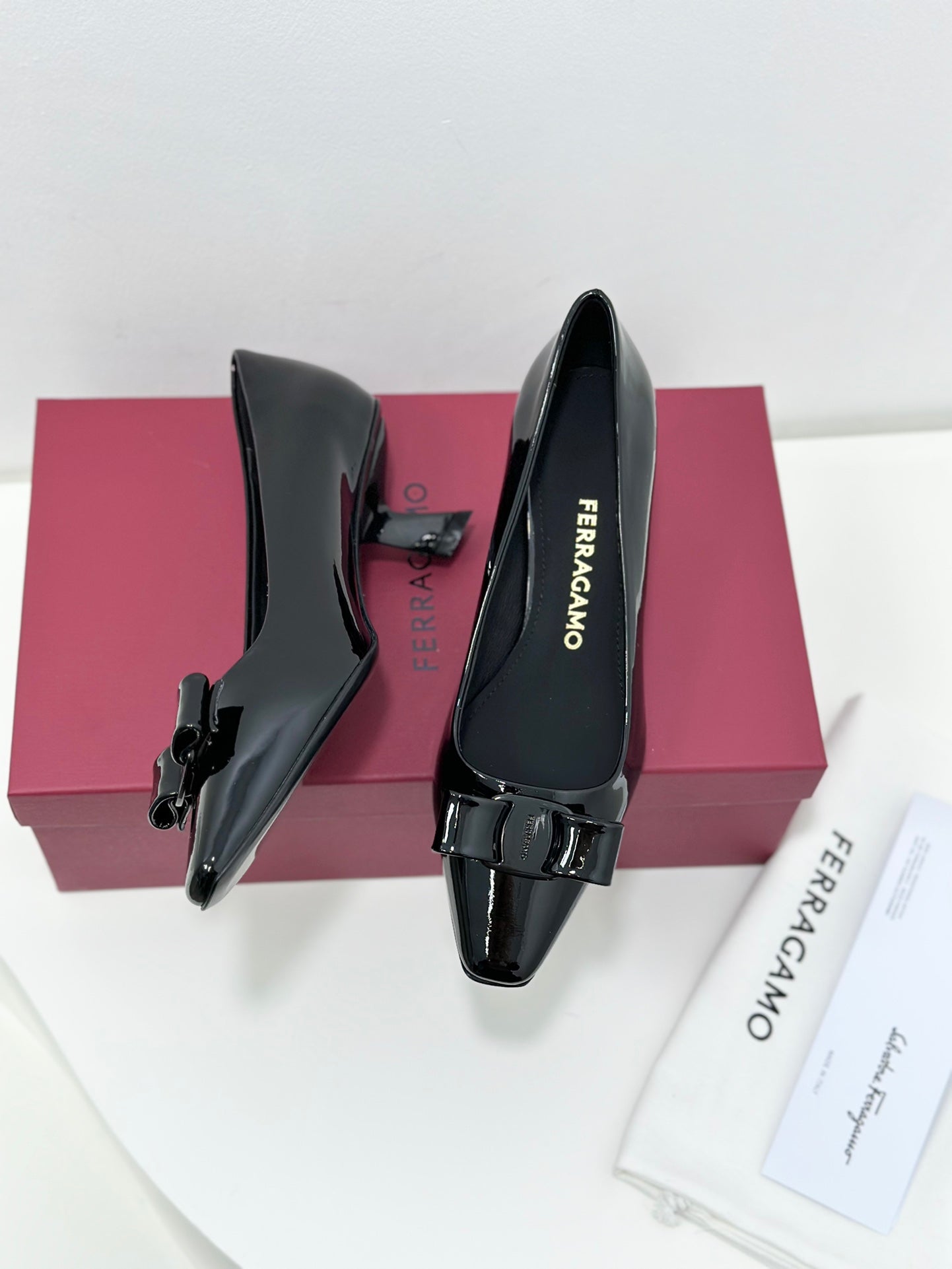 Ferragamo Vara Patent Leather Square Toe Pumps