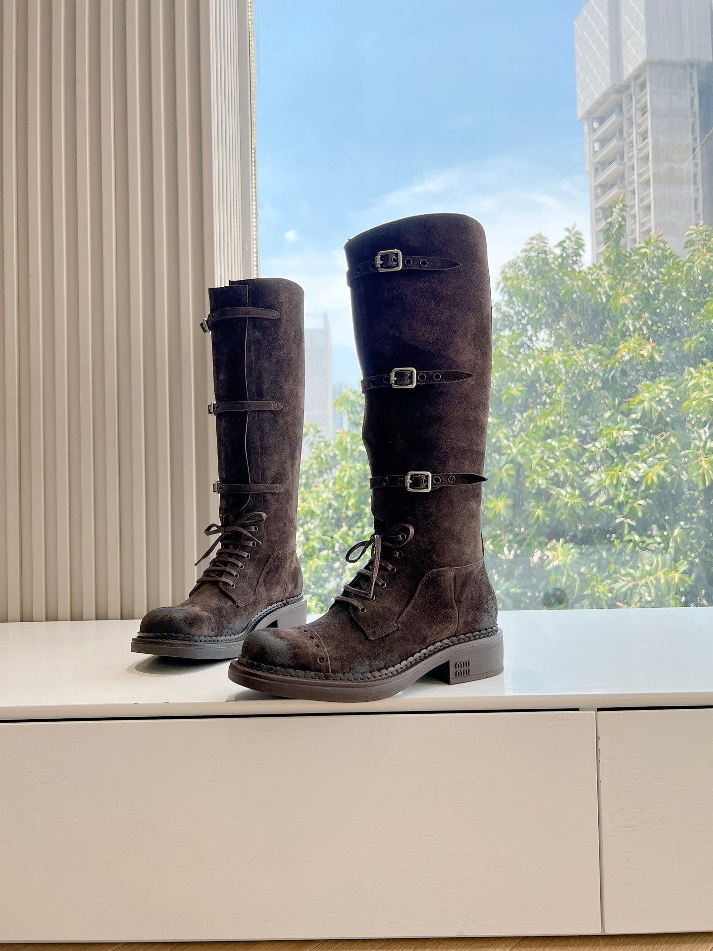 Miu Miu Biker Style Distressed Knee-High Boots – Autumn/Winter Collection