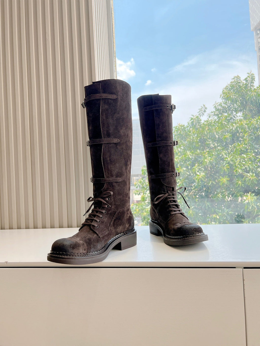Miu Miu Biker Style Distressed Knee-High Boots – Autumn/Winter Collection