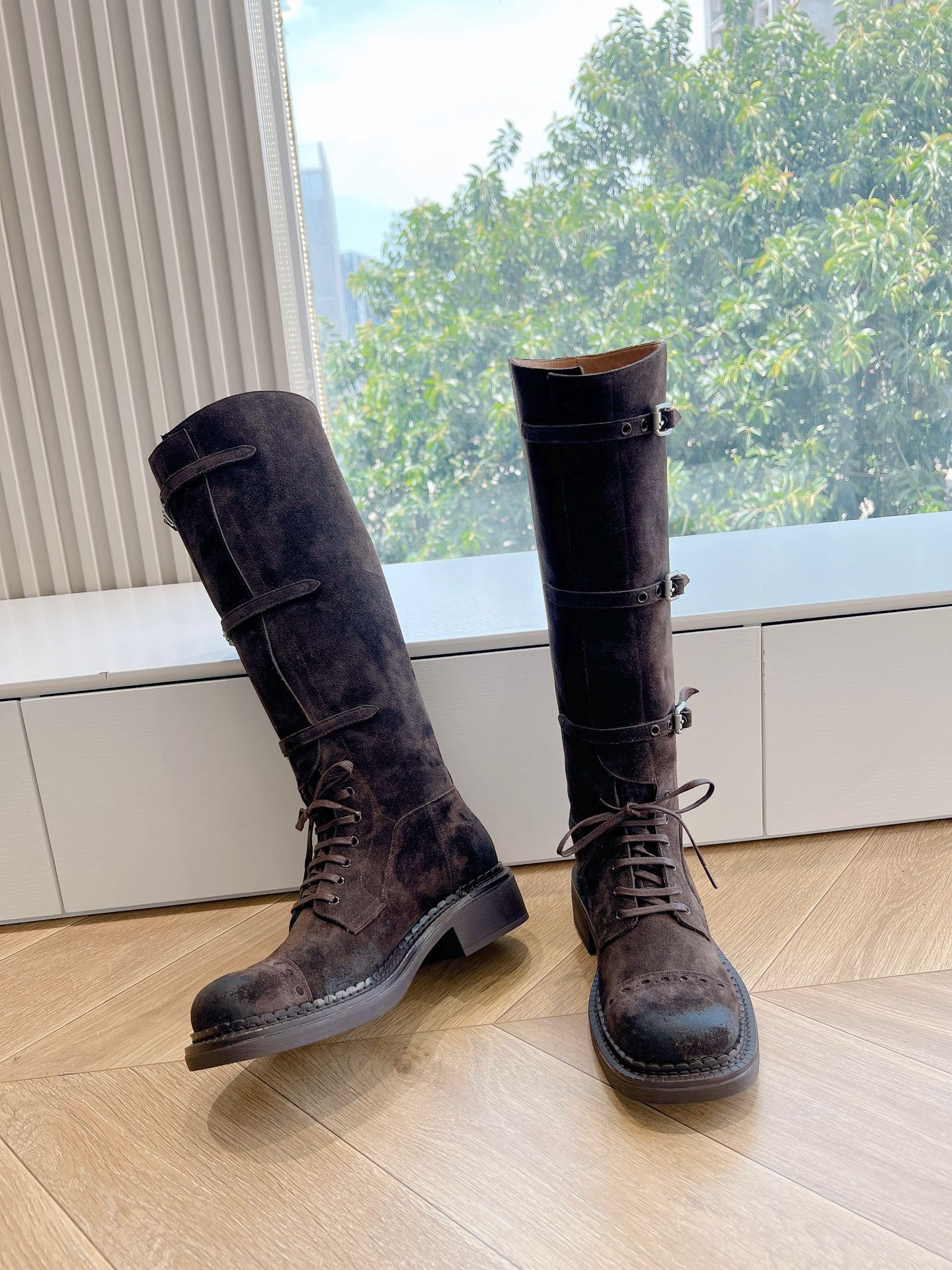 Miu Miu Biker Style Distressed Knee-High Boots – Autumn/Winter Collection