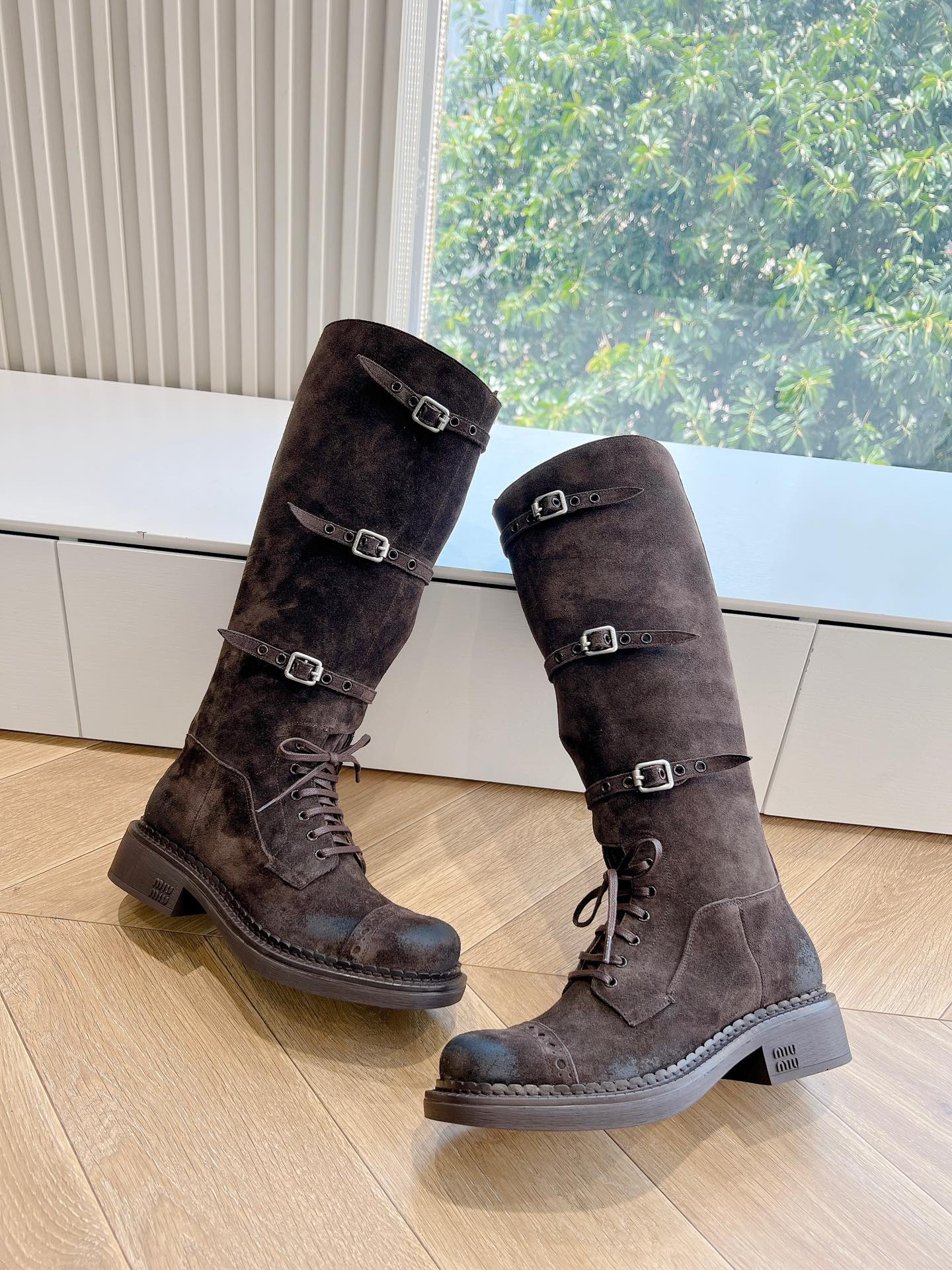 Miu Miu Biker Style Distressed Knee-High Boots – Autumn/Winter Collection
