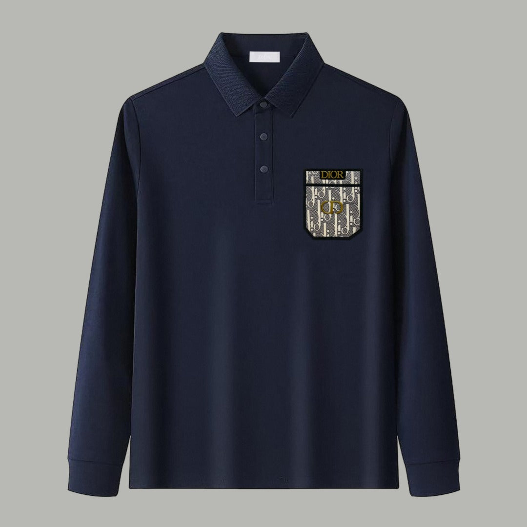 Dior Silk Long Sleeve Polo Shirt with Metal Patch