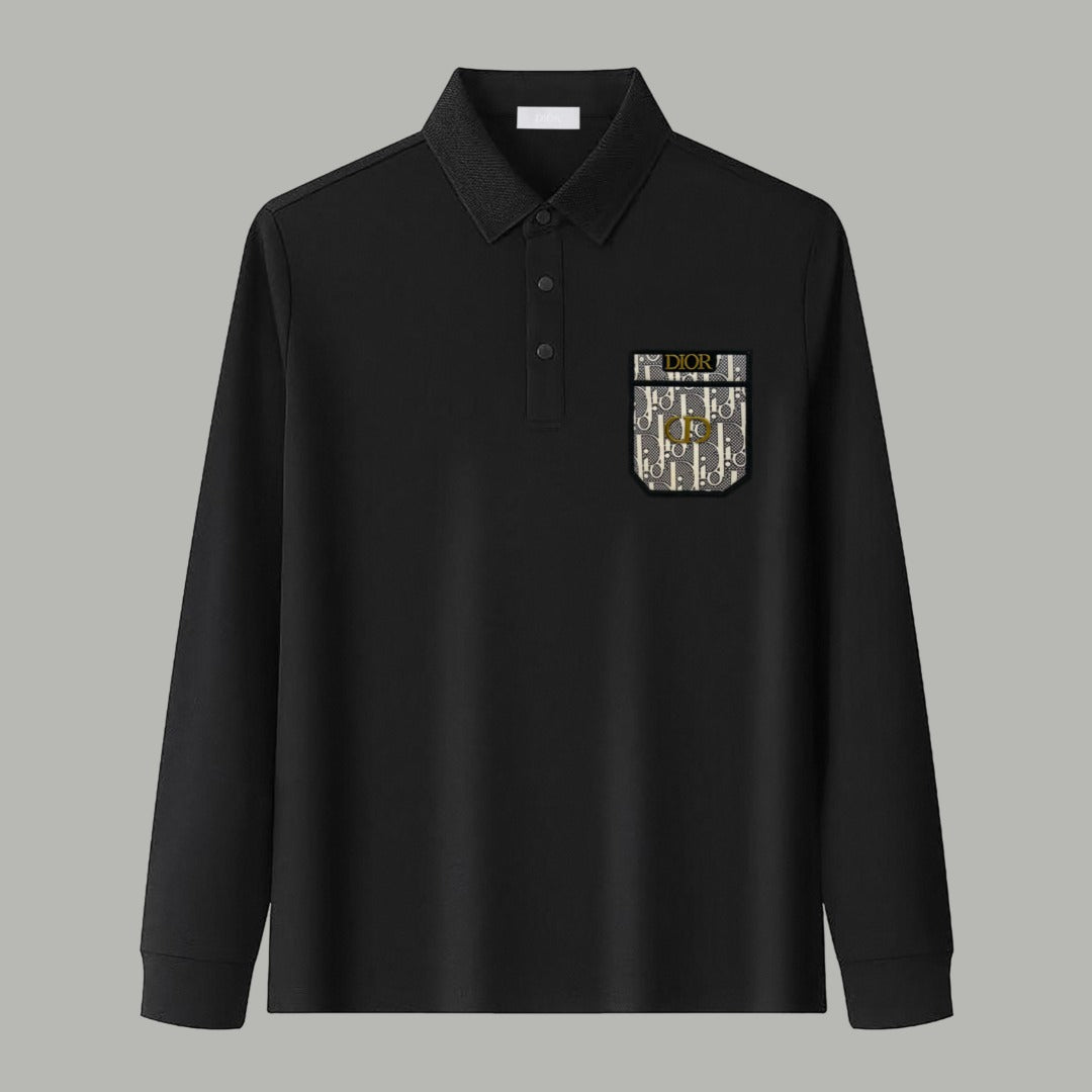 Dior Silk Long Sleeve Polo Shirt with Metal Patch