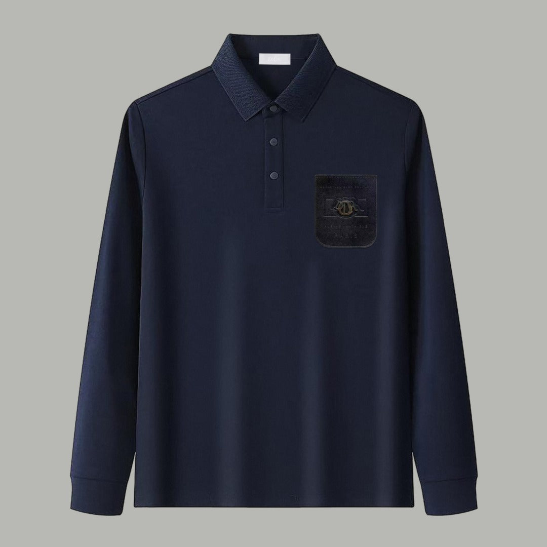 Dior Silk Long Sleeve Polo Shirt with Metal Patch