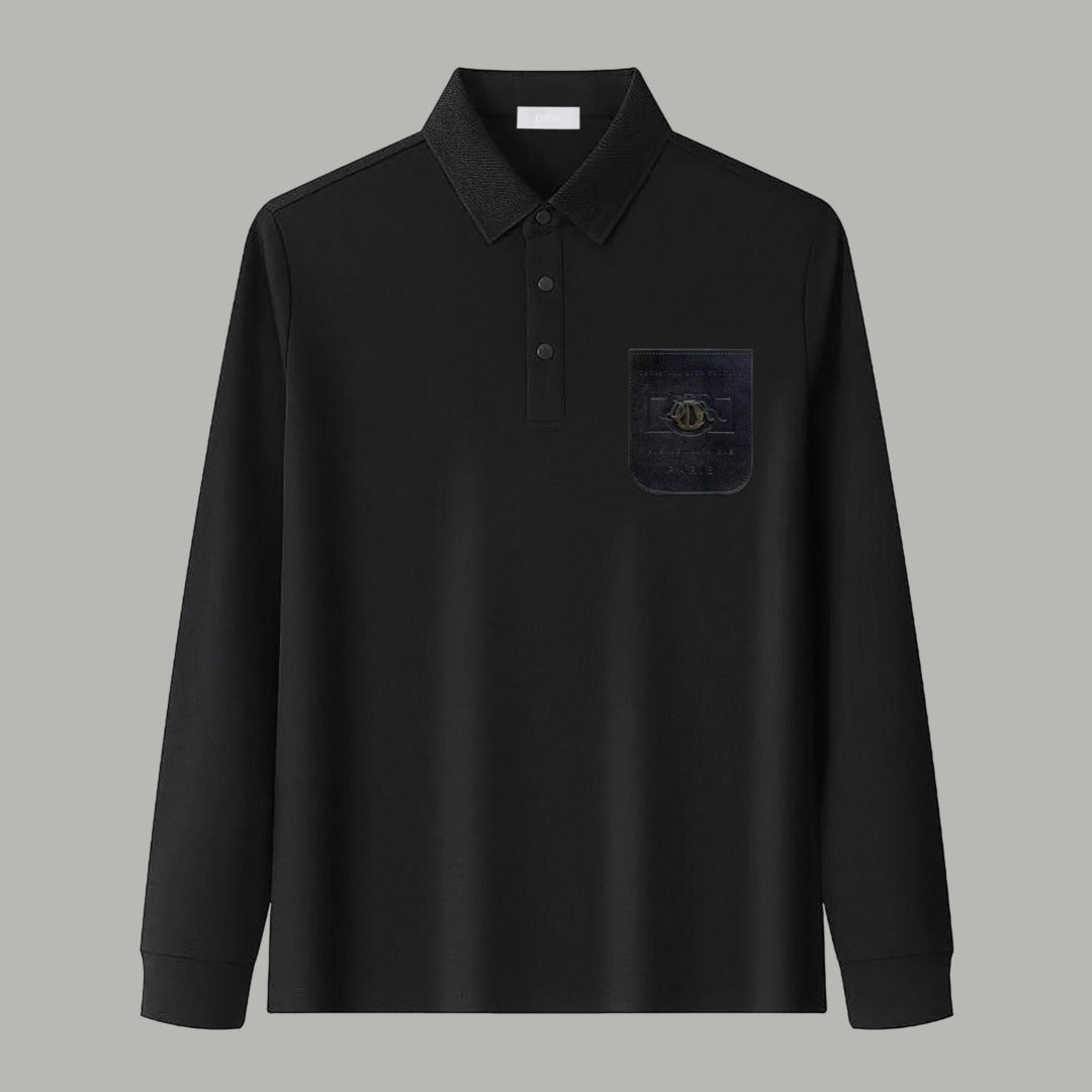 Dior Silk Long Sleeve Polo Shirt with Metal Patch