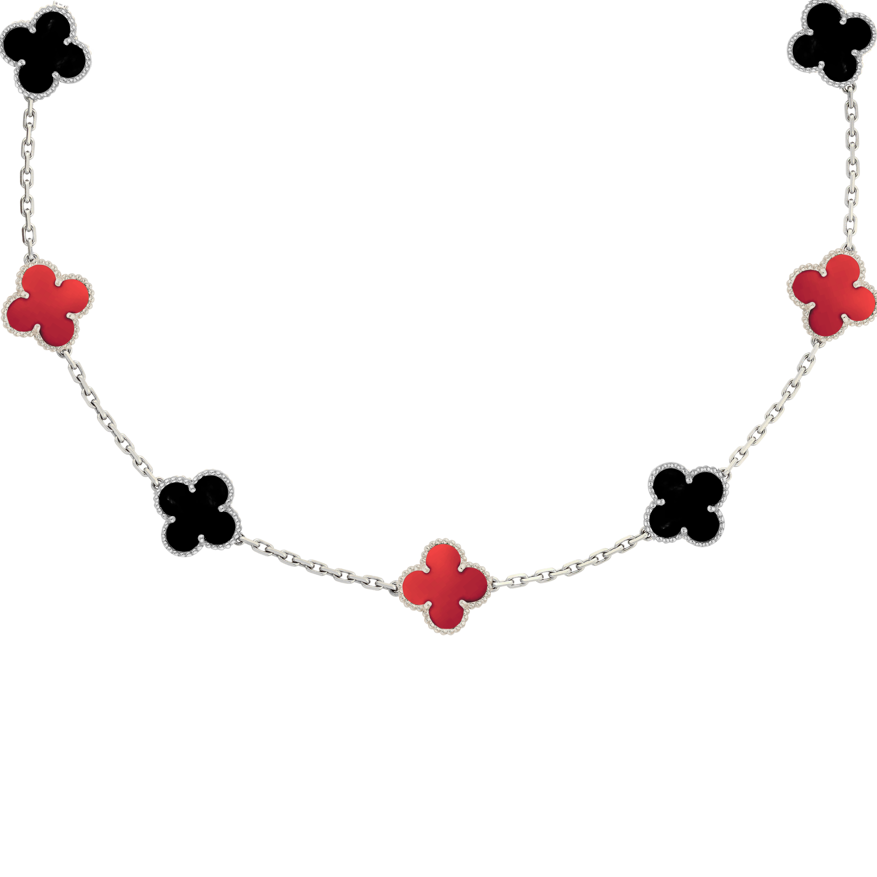 VAN CLEEF VINTAGE ALHAMBRA NECKLACE SMALL 7 PENDANTS - SILVER/BLACK/RED